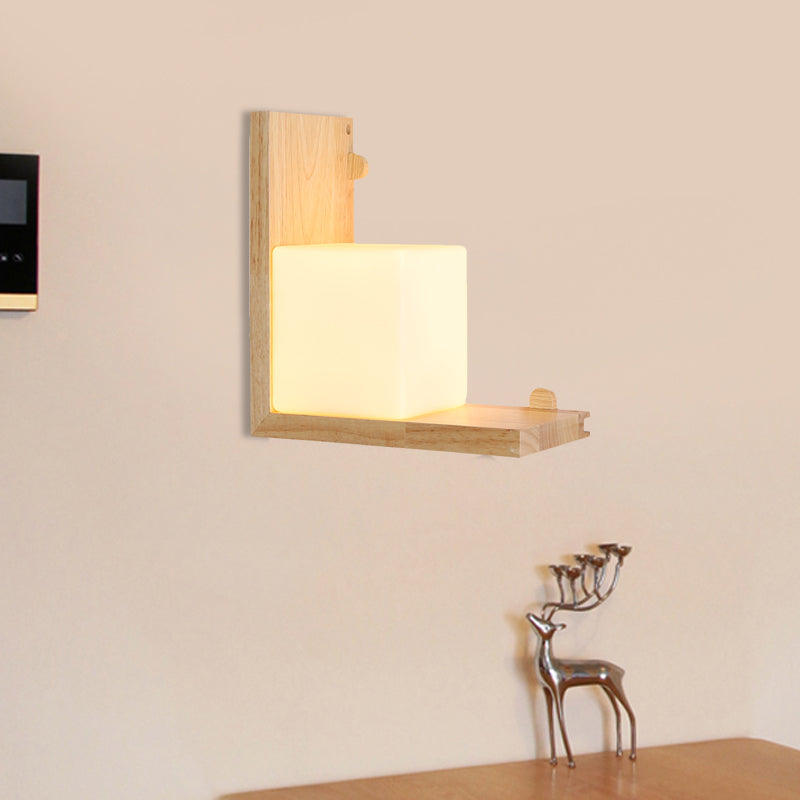 Pannello angolare a destra in legno a filo con scarico multimediale a parete minimalista lampada da parete beige con tonalità di vetro opale cubo