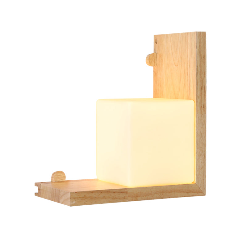 Panel de ángulo recto de madera Flush Flush Splechuez Minimalista LED de pared Beige de beige Conxtura con sombra de vidrio de ópalo de cubo