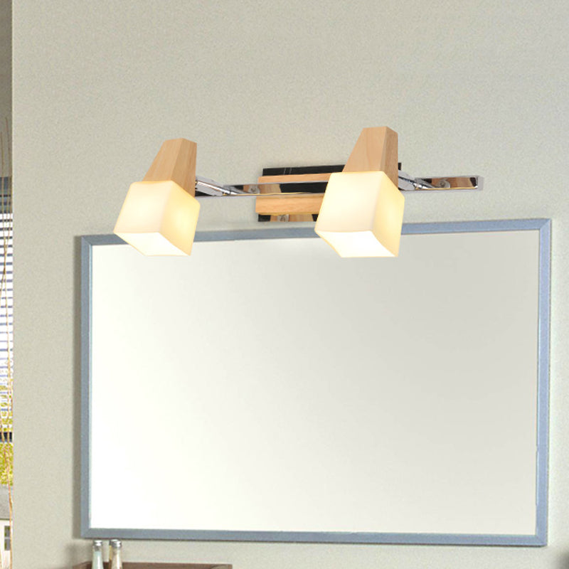 Beige Cube tocador lámpara de luz modernista lámpara de montaje de pared de vidrio blanco de 2 luces con tapa de madera