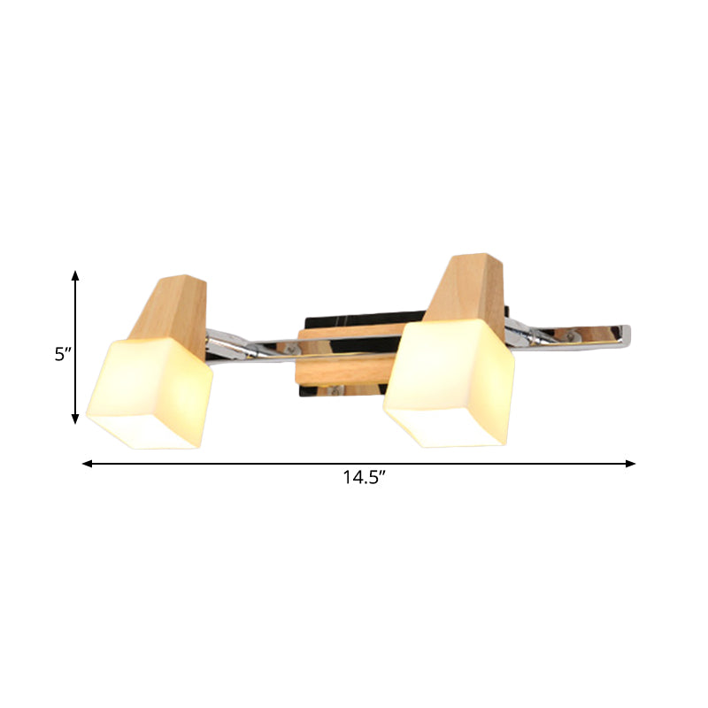 Beige Cube tocador lámpara de luz modernista lámpara de montaje de pared de vidrio blanco de 2 luces con tapa de madera