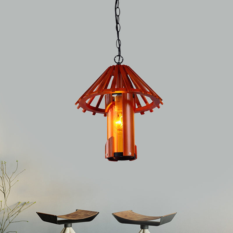 Bamboo Cylinder Suspension Lamp Vintage 1 Light Dining Room Hanging Ceiling Light in Brown with Cone Shade