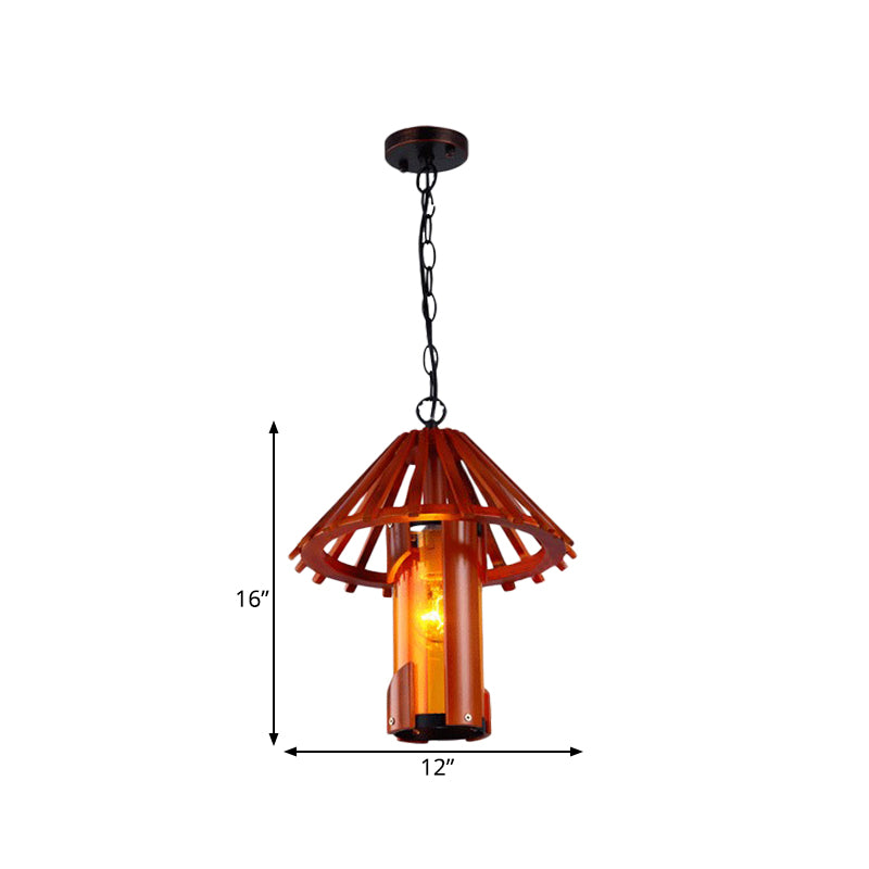 Bambou Cylinder Suspension Lampe Vintage 1 Lumière salle à manger plafonnier plafond plafond en marron avec nuance de cône