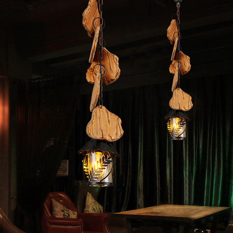 Salle à manger kérosène Prendante Lampe tissu blanc / verre transparent en bois noir en bois noir vers le bas avec motif de feuille