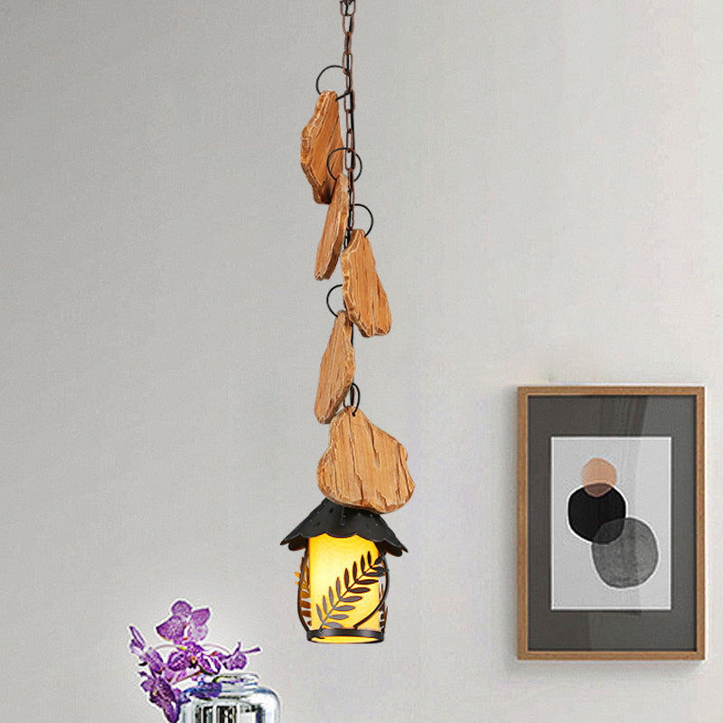 Salle à manger kérosène Prendante Lampe tissu blanc / verre transparent en bois noir en bois noir vers le bas avec motif de feuille