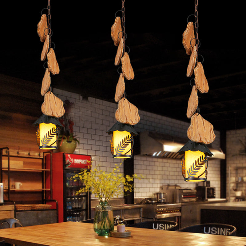 Kerosene Dining Room Pendant Lamp Factory White Fabric/Clear Glass 1-Light Black Wood Down Lighting with Leaf Pattern