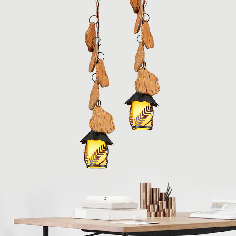 Kerosene Dining Room Pendant Lamp Factory White Fabric/Clear Glass 1-Light Black Wood Down Lighting with Leaf Pattern