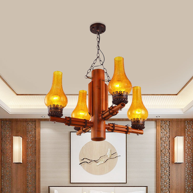 Brown 4 Heads Chandelier Light Farmhouse Yellow Crackle Glass Vase Shade Ceiling Pendant with Bamboo Arm Design