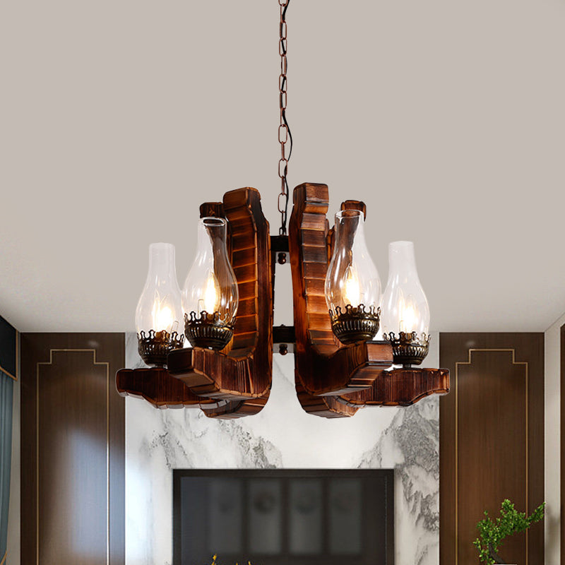 6-Light Clear Glass Chandelier Lighting Warehouse Brown Kerosene Restaurant Drop Pendant with Wood Twisted Arm