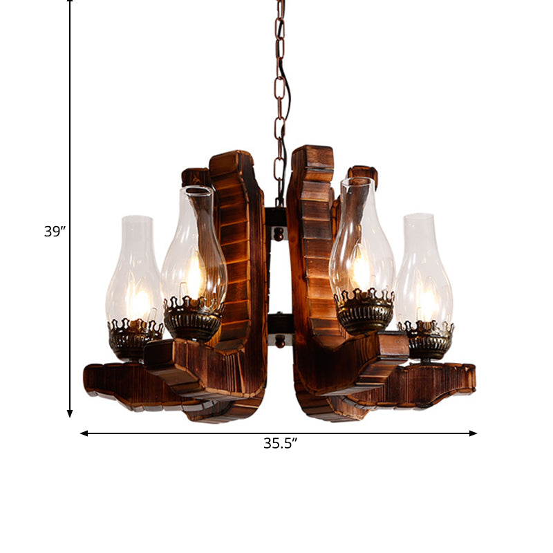 6-Light Clear Glass Chandelier Lighting Warehouse Brown Kerosene Restaurant Drop Pendant with Wood Twisted Arm