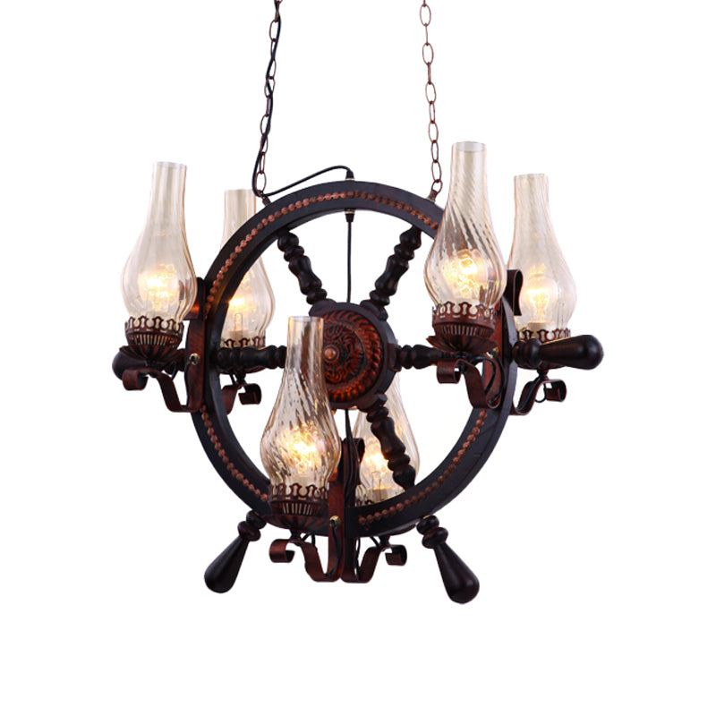 Clear Water Glass Brown Chandelier Lamp Vase 6 Lights Warehouse Hanging Light Fixture with Wood Rudder Design