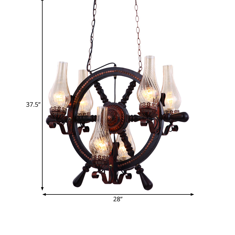 Clear Water Glass Brown Chandelier Lamp Vase 6 Lights Warehouse Hanging Light Fixture with Wood Rudder Design