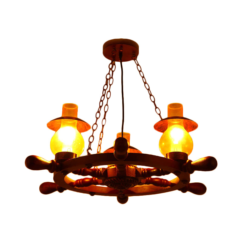 3 Heads Ceiling Chandelier Industrial Dining Room Wood Pendant Light with Vase Yellow Glass Shade