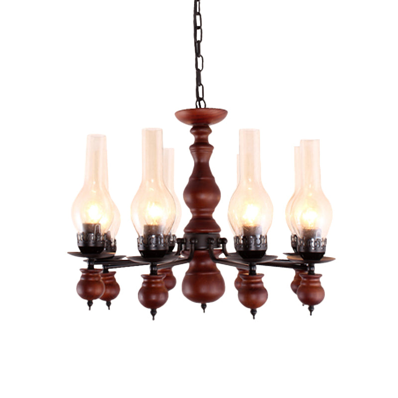 Clear Glass Vase Ceiling Lamp Industrial 8 Heads Living Room Chandelier Lighting Fixture with Wood Column