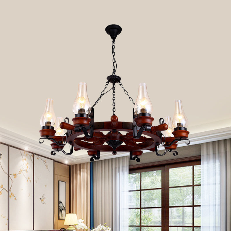 6/8-Light Drop Pendant Factory Vase Clear Glass Chandelier Light Fixture with Wood Rudder in Brown