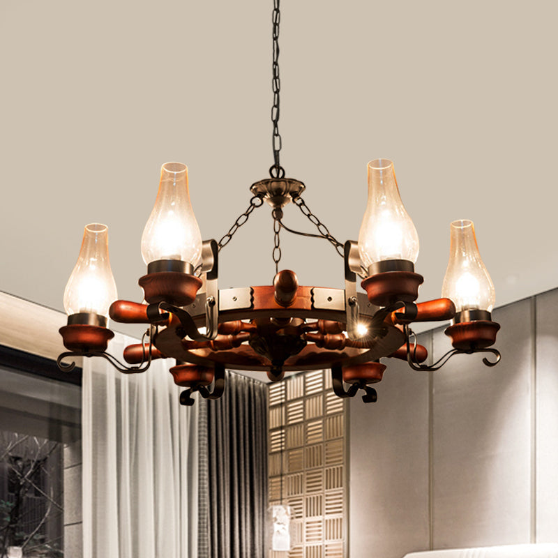 6/8-Light Drop Pendant Factory Vase Clear Glass Chandelier Light Fixture with Wood Rudder in Brown