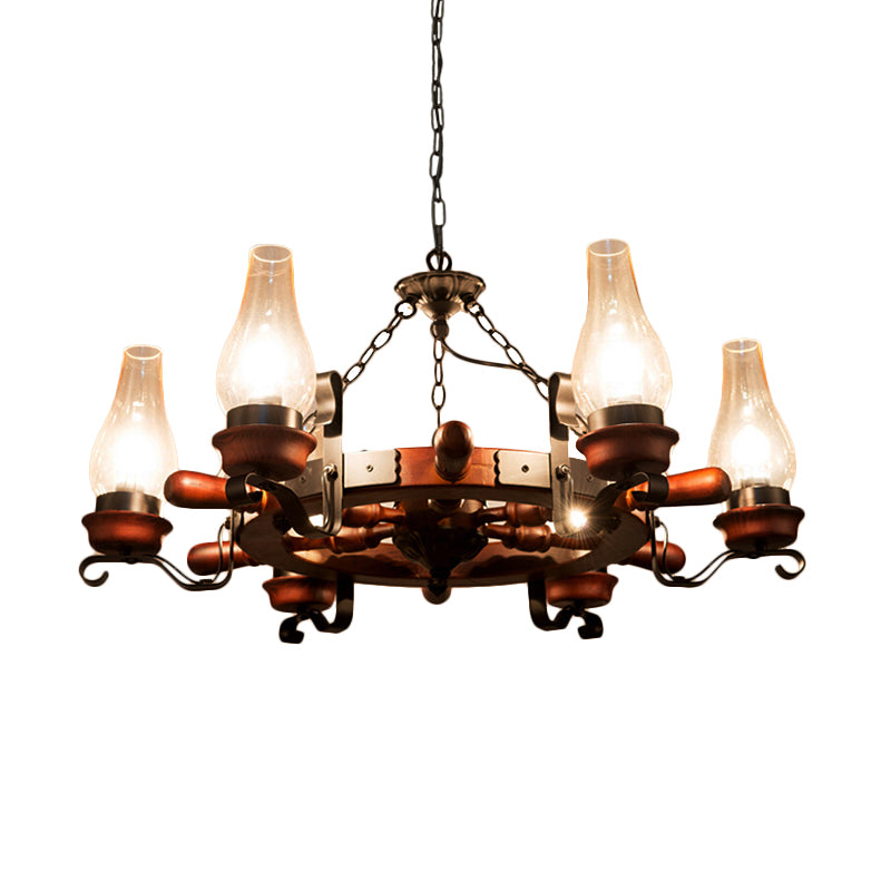 6/8-Light Drop Pendant Factory Vase Clear Glass Chandelier Light Fixture with Wood Rudder in Brown