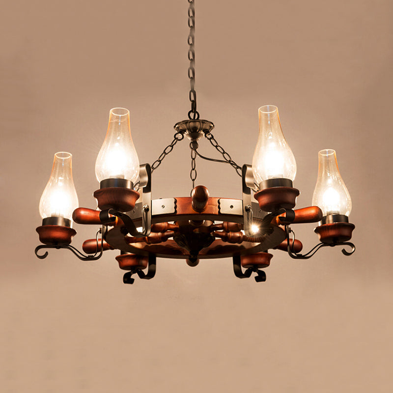 6/8-Light Drop Pendant Factory Vase Clear Glass Chandelier Light Fixture with Wood Rudder in Brown