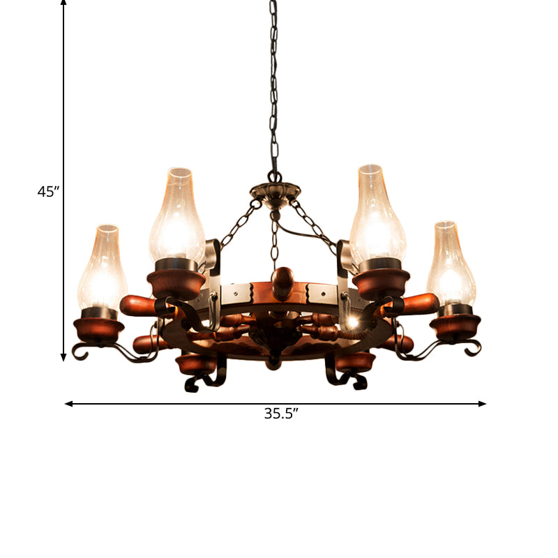 6/8-Light Drop Pendant Factory Vase Clear Glass Chandelier Light Fixture with Wood Rudder in Brown