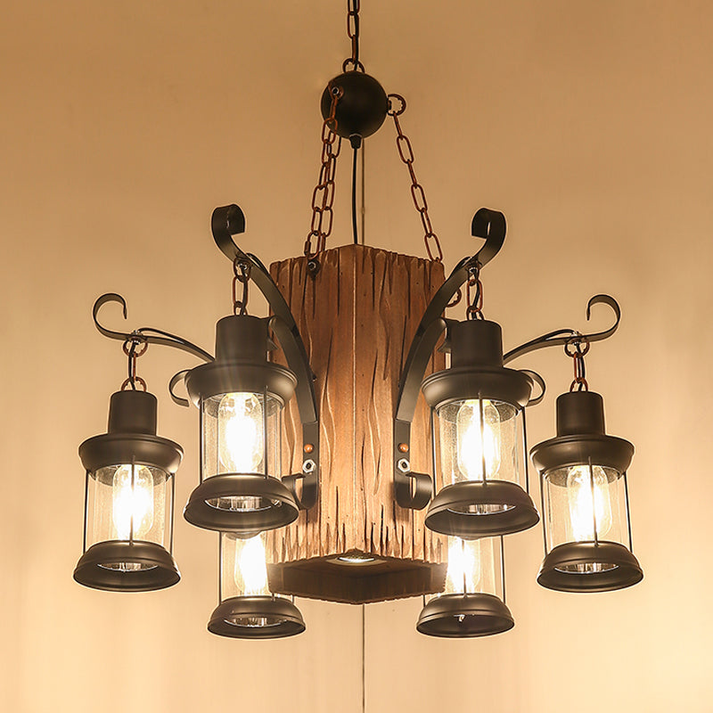 Lantern Clear Glass Chandelier Lighting Farmhouse 6 Lights Dining Room Hanging Lamp in Black with Rectangle Wood Deco