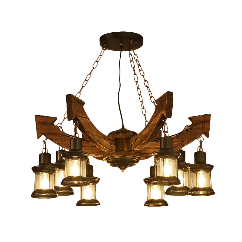 8 Lights Pendant Chandelier Farm Clear Glass Suspension Lamp in Black with Wood Anchor Deco