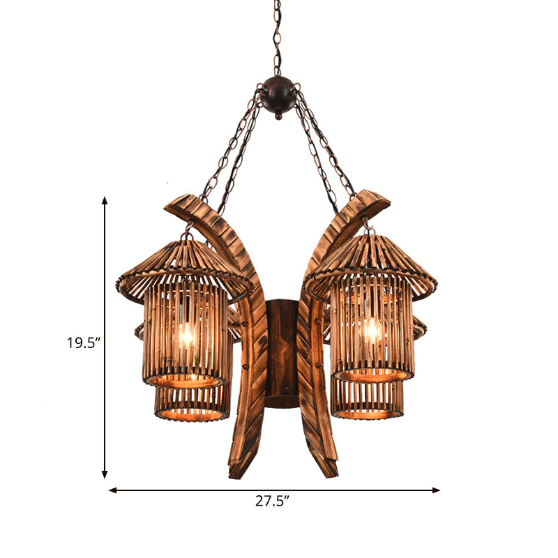 4 Lights Wood Chandelier Light Warehouse Brown Lantern Dining Room Hanging Pendant with Curved Arm