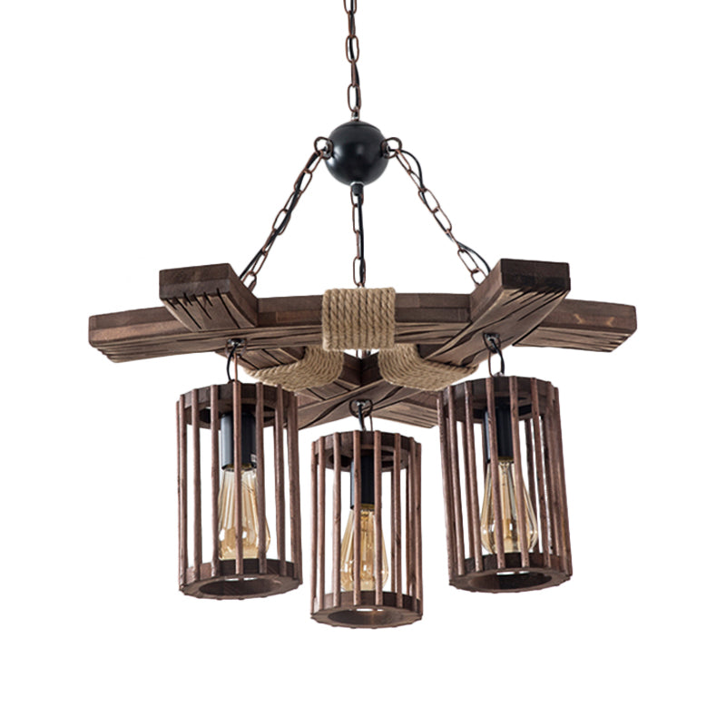 Wood Brown Chandelier Lighting Cylinder 3/6-Light Vintage Pendant Light Kit with Branch Beam