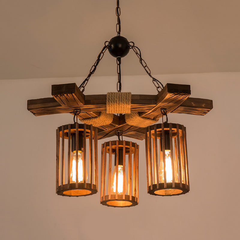 Wood Brown Chandelier Lighting Cylinder 3/6-Light Vintage Pendant Light Kit with Branch Beam