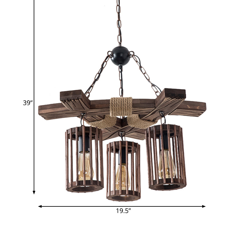 Wood Brown Chandelier Lighting Cylinder 3/6-Light Vintage Pendant Light Kit with Branch Beam