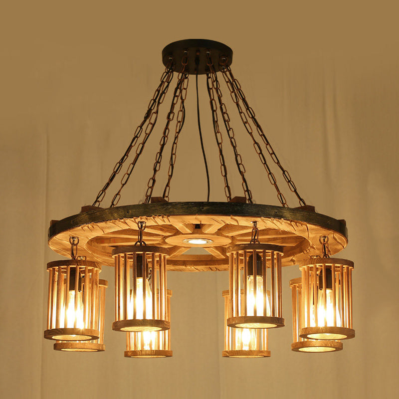 Retro Cylinder Chandelier Light Fixture 8-Bulb Wood Ceiling Pendant with Wheel for Living Room