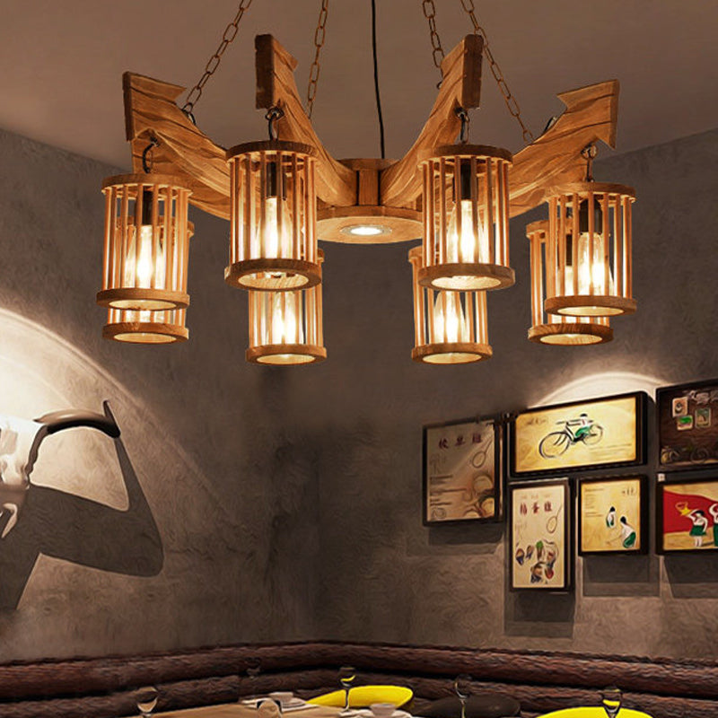 6/8-Head Cylinder Chandelier Lighting Fixture Industrial Brown Wood Hanging Ceiling Light with Anchor Arm