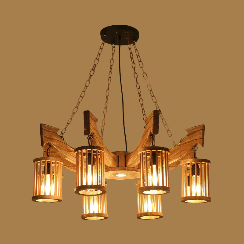 6/8-Head Cylinder Chandelier Lighting Fixture Industrial Brown Wood Hanging Ceiling Light with Anchor Arm