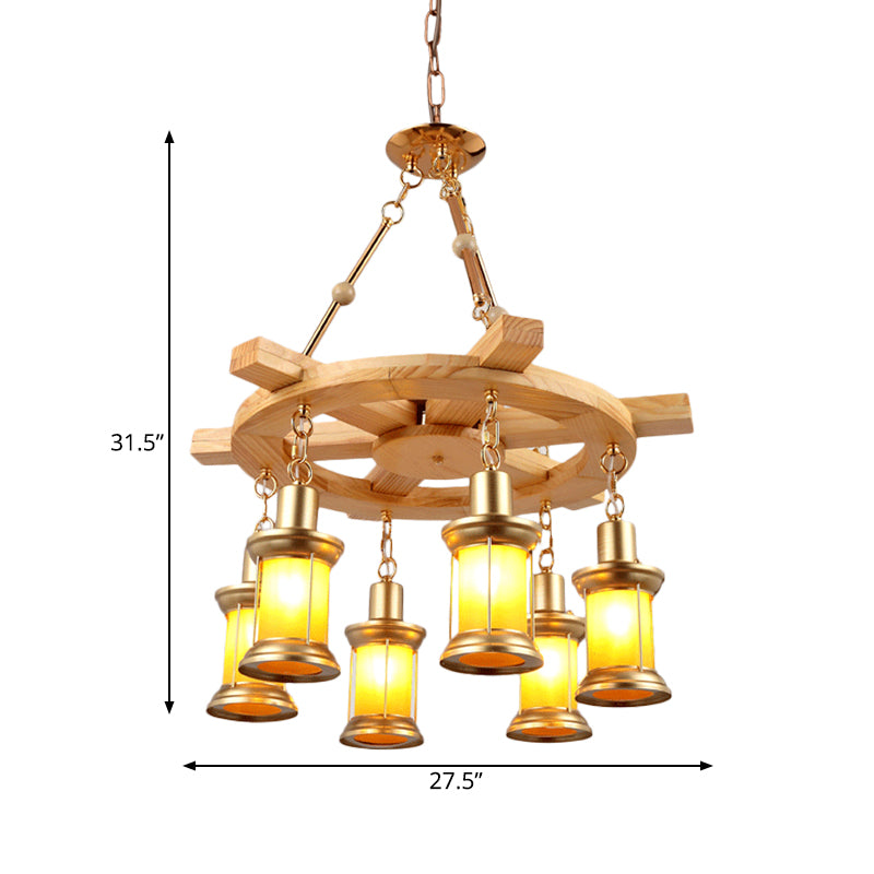 Orange Glass Gold Chandelier Lamp Lantern 6-Light Industrial Pendant Lighting Fixture with Wood Rudder Deco