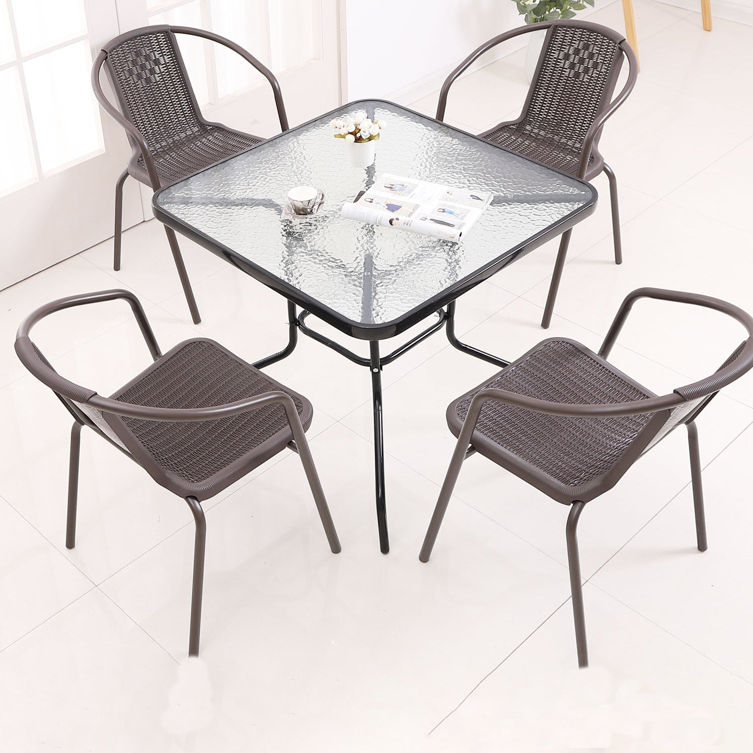 Glass Patio Table Industrial Scratch Resistant Dining Table with Black Base