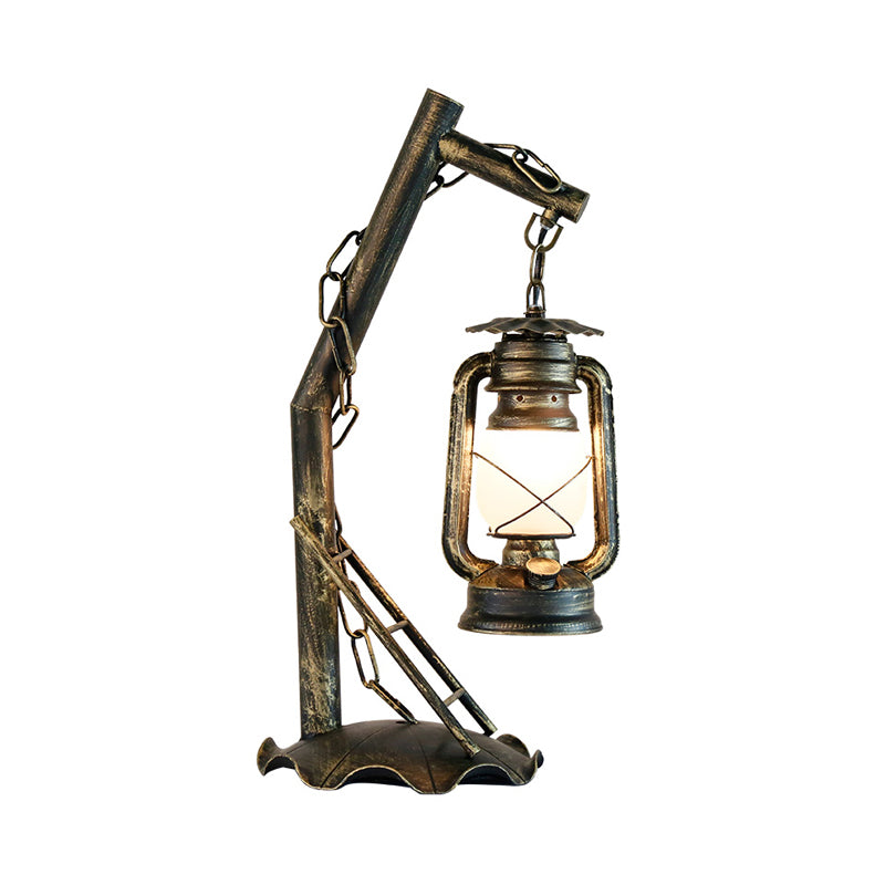 Opal Glass Lantern Table Lamp Vintage 1 Head Bedroom Desk Light in Brass with Metal Angled Arm