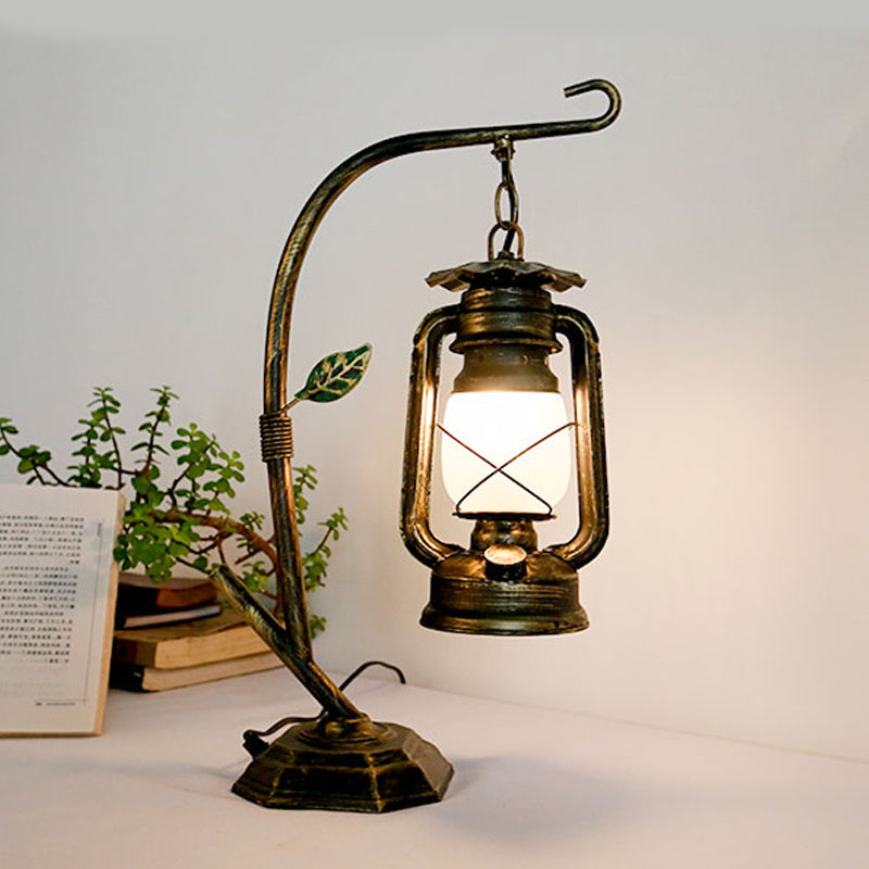 Brass/Copper Kerosene Table Light Warehouse Opal Glass 1 Light Bedroom Desk Lighting with Metal Base