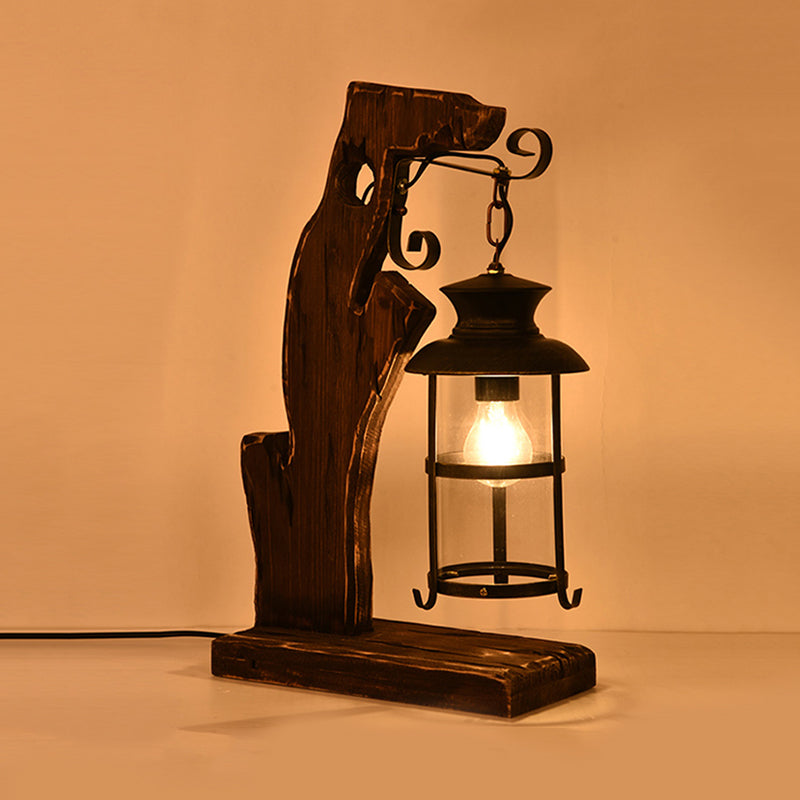 Clear Glass Black Table Lamp Lantern 1 Head Industrial Style Desk Light with Wood Base