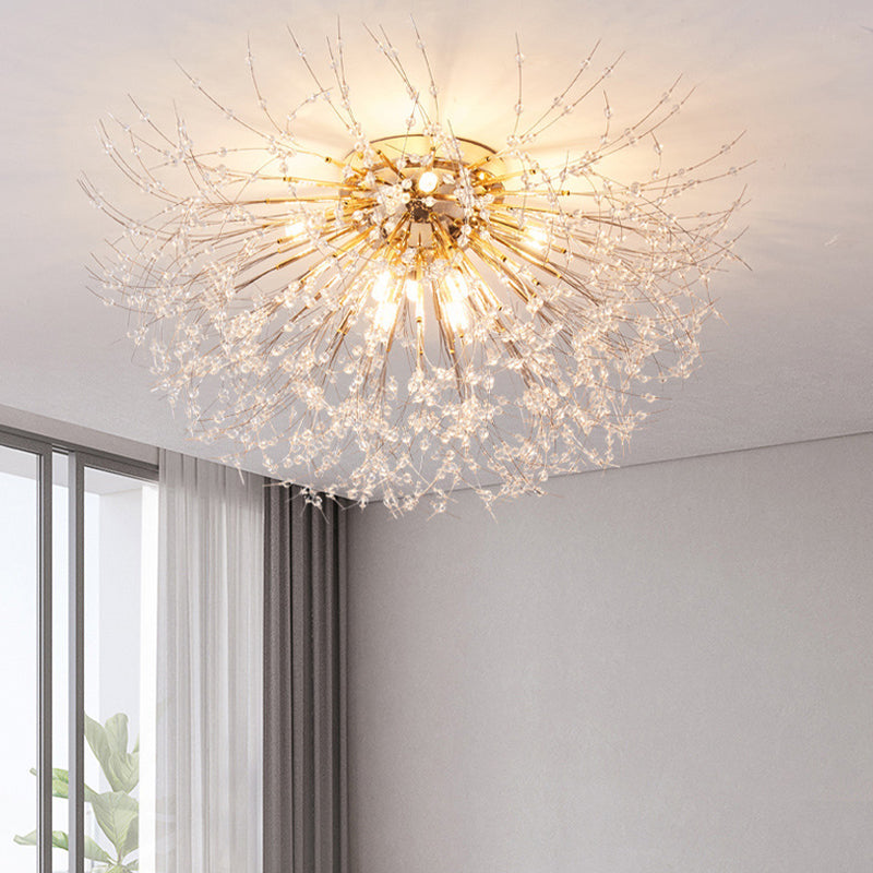 Modern Metal Flush Mount Sputnik Shape Ceiling Light with Crystal Shade for Living Room