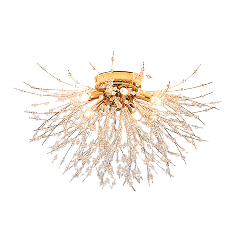 Modern Metal Flush Mount Sputnik Shape Ceiling Light with Crystal Shade for Living Room