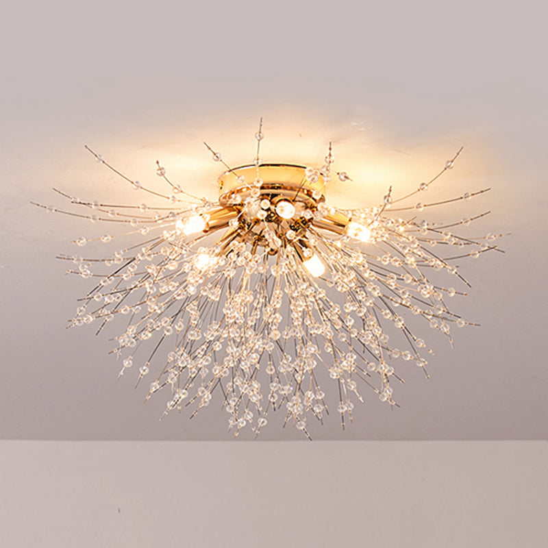 Modern Metal Flush Mount Sputnik Shape Ceiling Light with Crystal Shade for Living Room