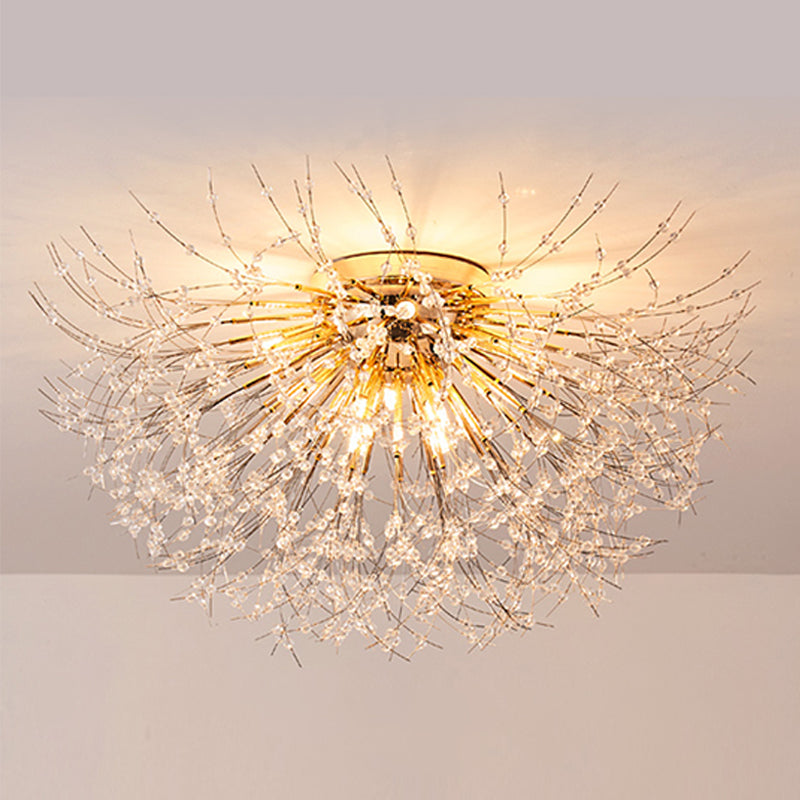 Modern Metal Flush Mount Sputnik Shape Ceiling Light with Crystal Shade for Living Room