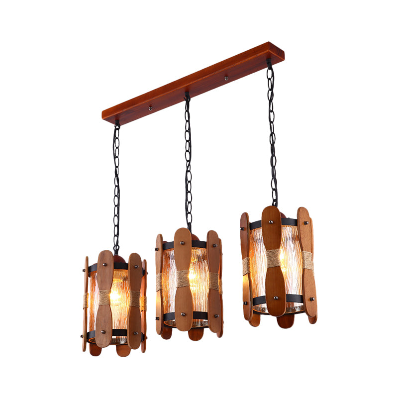 Cylinder Yellow Water Glass Cluster Pendant Retro 3 Heads Dining Room Hanging Light Kit in Brown with Wood Panel Design