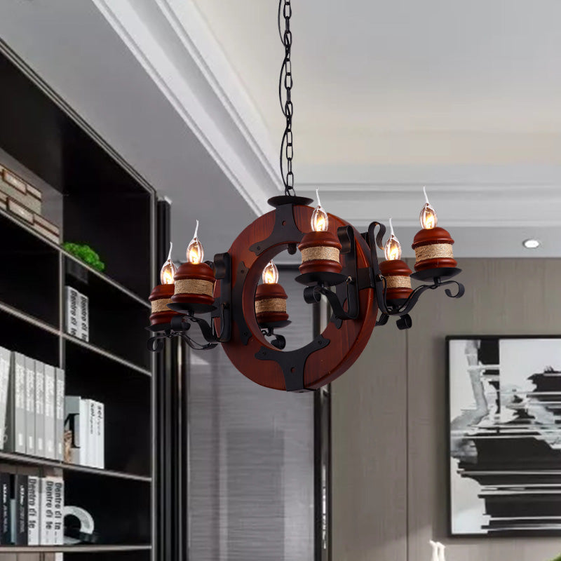 4/6 Lights Candle Chandelier Light Fixture Vintage Brown Wood Pendant Lighting with Round Design