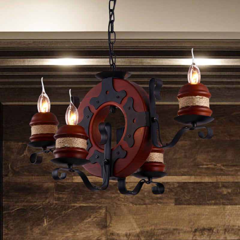 4/6 Lights Candle Chandelier Light Fixture Vintage Brown Wood Pendant Lighting with Round Design