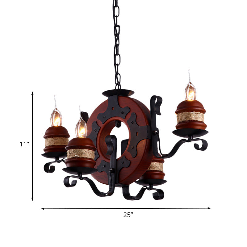 4/6 Lights Candle Chandelier Light Fixture Vintage Brown Wood Pendant Lighting with Round Design