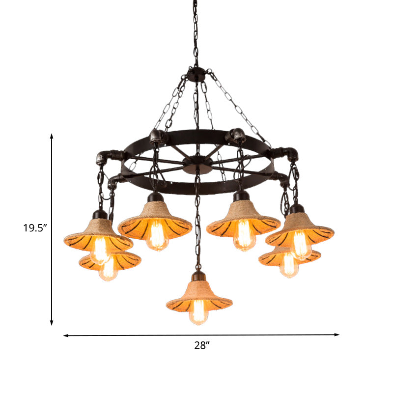 Warehouse Wheel Chandelier Light 7/9 Heads Metal Hanging Lamp Kit in Beige with Flared Rope Shade