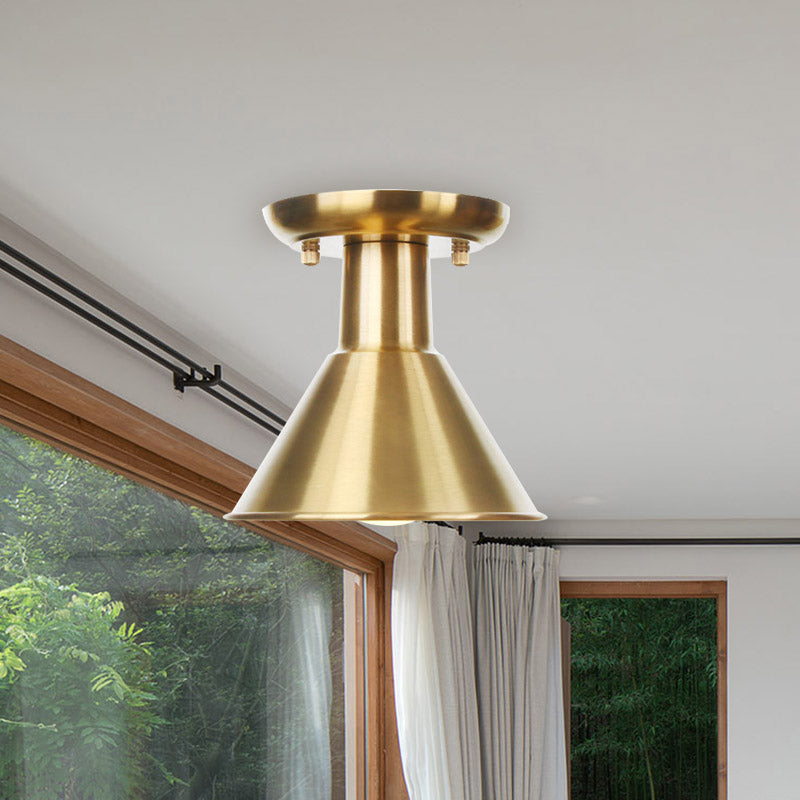 Gold Barn/Dome/Cone Semi Flush Mount Light Industrial Metallic 1 Bulb Hall Flush Lámina de techo de techo