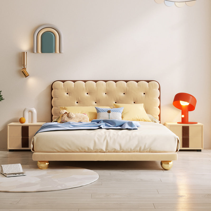 Brown Upholstered Bed Frame Modern Cookie Shaped Heaboard Standard Bed