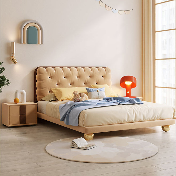 Brown Upholstered Bed Frame Modern Cookie Shaped Heaboard Standard Bed