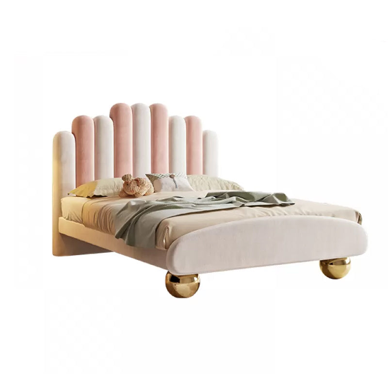 Solid Wood Platform Bed Pink & White Upholstered Standard Bed with Mattress