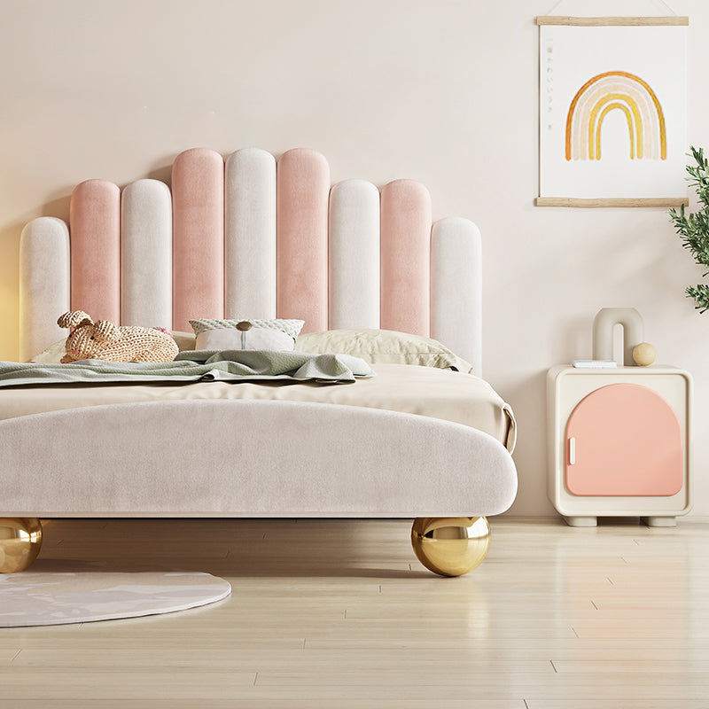 Solid Wood Platform Bed Pink & White Upholstered Standard Bed with Mattress